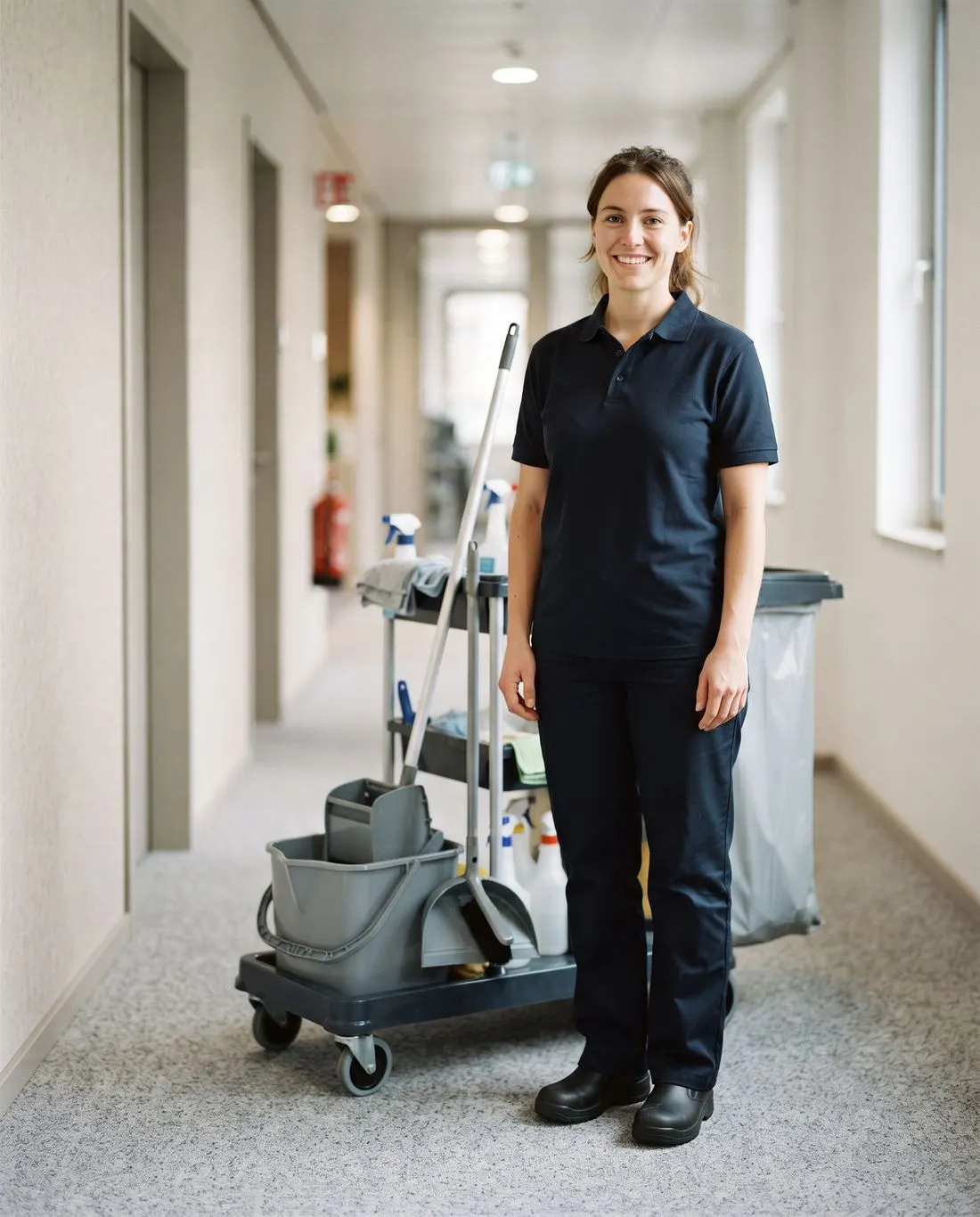 Schoonmaakster van AM-Cleaning staat naast haar schoonmaakkar in een kantoorgang